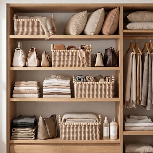 Handwoven Seagrass Shelf Baskets, Set of 3 Decorative Storage Bins with Bead-Accented Handles, Vietnamese Woven Baskets for Entryway, Bathroom, Bedroom, and Living Room - Image 6