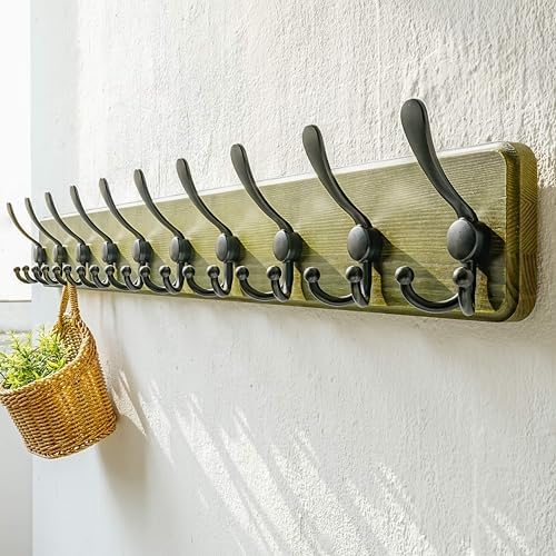 Dseap Coat Rack Wall - Heavy-Duty 38-1/4" Long, with Reinforced 10 Custom Tri-Hooks, Solid Wood Wall Hanger for Coats Hat Jackets - Rustic Farmhouse Entryway Hallway Storage, Weathered Green & Black - Image 2