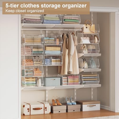 5 Tier Extra Large Closet Hanging Shelves with Divider,2 Pair Hook,16.5"L x 11.8"W x 51.4"H Closets Organizers and Storage,Clothes Organizer Clothing Sweaters Shoes Handbags Clutches Accessories-White - Image 7