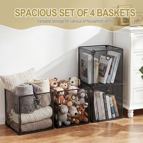 4 Pcs Foldable Metal Cube Storage Baskets, 13x13in, Black - Image 6