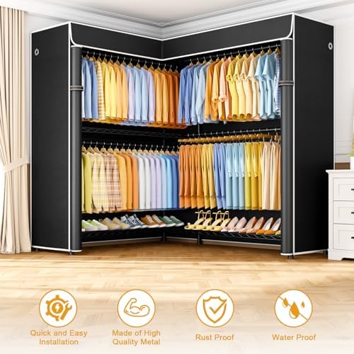 ULIFHOME E15C Max Garment Rack L Shaped Clothes Rack for Corner，Freestanding Clothing Racks for Hanging Clothes，Heavy Duty Closet System 57"W x 15.8"D x 78.4"H，Black Rack with Black Dustproof Cover - Image 4