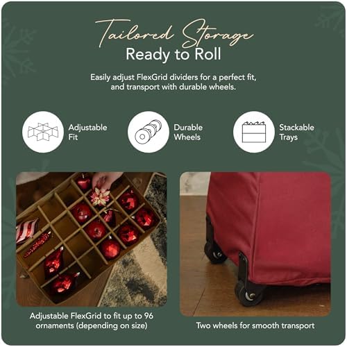 Covermates Keepsakes Rolling Adjustable Ornament Storage Bag – Heavy-Duty Polyester, FlexGrid Trays & Padded Dividers – Protective Holiday Organizer with Wheels, Handles & ID Window, Red - Image 5