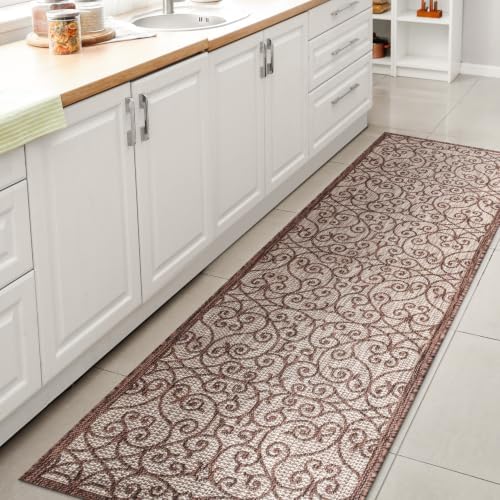Eyely Filigree Weave Runner Rug 2X8 Taupe/Espresso, Indoor Outdoor Rug by eyely