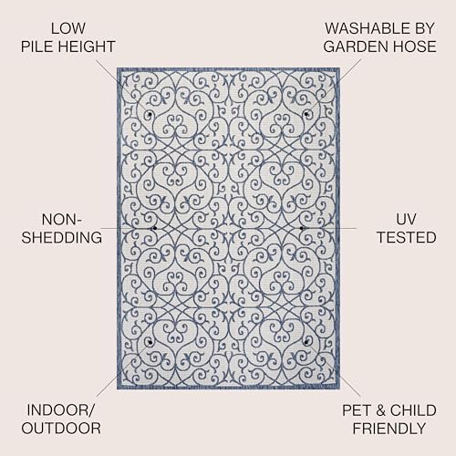 Eyely Filigree Textured Weave Area Rug 4X6 Blue/Cream, Indoor Outdoor Rug - Image 2