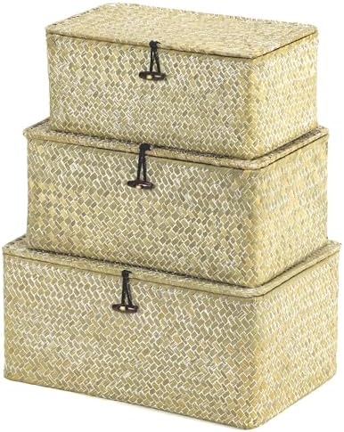 Nonam Wicker Storage Basket with Lid,Seagrass Shelf Basket Set of 3,White by Home