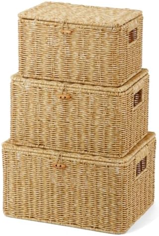 Nonam Wicker Storage Basket With lid, Large Stackable Plastic Bin, Natural by Home