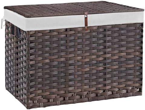 240L Wicker Storage Basket with Lid, Handwoven Rattan Large Shelf Basket with Removable Liner, 63.5 Gallon Wicker Basket for Blanket, Storage Trunk with Handle for Closet, Bedroom, Livingroom, Brown by Hiagnete