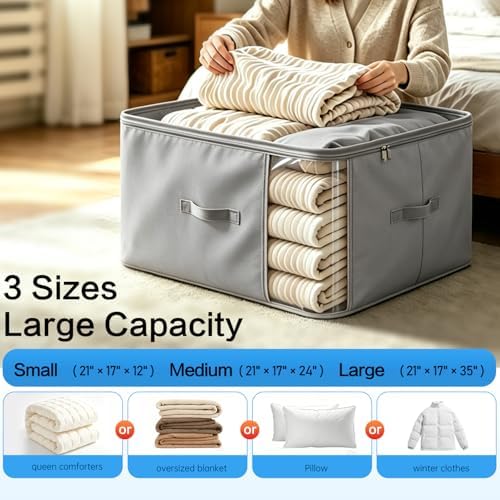 Comforter Storage Bag, Large Capacity Blanket Storage Bags 3-Layer Ultra Space Saving Self Compression Organizer, Heavy Duty Space Saver Organizer for Bedding, Clothes, Blanket, 4-Pack, Gray - Image 6
