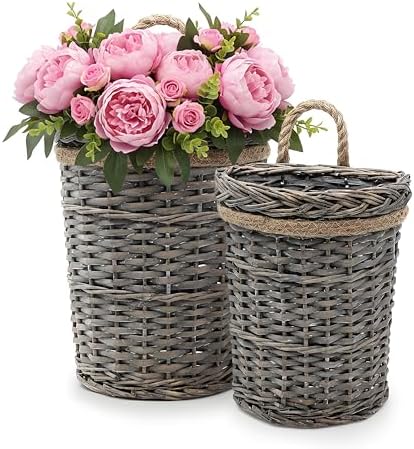 AceList 2-Pack Woven Wicker Wall Hanging Baskets, Grey Willow Wall Pocket Decor for Faux Florals & Storage - Two sizes Nesting Farmhouse Baskets for Entryway, Living Room & Door by AceList