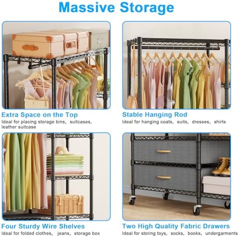 Ulif F3R Heavy Duty Clothes Rack（With Lockable Wheels）Freestanding Clothing Racks for Hanging Clothes，Adjustable Closet Organizer System，Portable Garment Rack 40"W x 15"D x 74"H，Max Load 700LBS，Black - Image 6