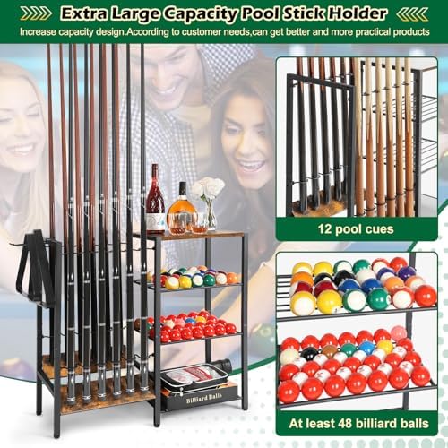 Pool Stick Holder Rack Stand for 12 Cue Sticks -Large Billiards Game Room Storage with Organizer for Balls, Triangle,Pool Table Accessories - Heavy Duty Cue Stick Holder Floor Stand for Home or Bar - Image 2