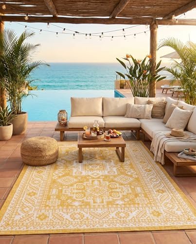 Rugs.com - Outdoor Aztec Rug – 6' 1 x 9' Yellow Indoor/Outdoor Rug – Weather-Resistant Flatweave for Patios, Decks, and Porches - Image 7