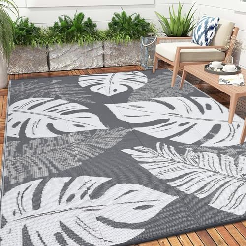 COZYLOOM Outdoor Rug 8x10 Waterproof Reversible Mat Indoor Outdoor Rugs Carpet, Grey Rug Leaf Large Outdoor Plastic Straw Rug for Patio Deck Balcony Pool RV Camping Beach Picnic Grey&White 8'x10' by COZYLOOM