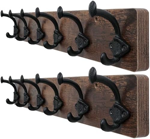 WEBI Rustic Coat Rack Wall Mount,24" Long 6 Cast Iron Coat Hooks Wall Mounted,Heavy Duty Farmhouse Wood Coat Hanger Wall Antique Vintage Hooks for Hanging Jacket,Clothes,Backpack,Rustic Brown,2 Packs by WEBI