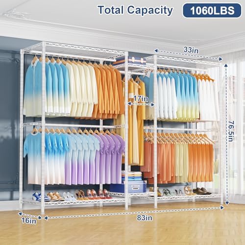 Ulif E12 Max Clothes Rack，Heavy Duty Freestanding Garment Rack with Shelves，Metal Clothing Closet Storage System for Hanging Clothes，83" W x 16" D x 76.5" H, Hold 1060 lbs，White - Image 2