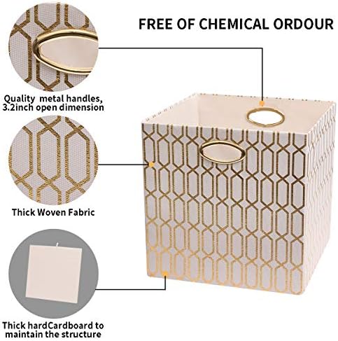 Posprica Storage Bins, Storage Cubes,13×13 Fabric Drawers Organizer Basket Boxes Containers (13×13×13/4pcs, Cream/gold geometry Pattern) - Image 3