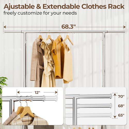 HYSEYY Heavy Duty Clothes Rack Load 450 LBS, Metal Garment Rack, Standing Rolling Clothing Rack for Hanging Clothes with Sturdy Wheels & Shelves, Portable Closet Wardrobe Rack,Sliver - Image 3