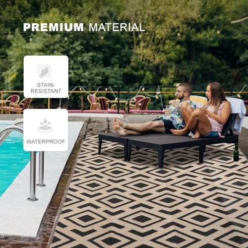 wikiwiki Outdoor Rug, 9x18ft Waterproof Reversible Mat Indoor Outdoor Rugs Carpet, Small Area Rug Plastic Straw Rug for Patio Deck Balcony Pool RV Camping Beach Picnic, Black & Beige, Rugscape Series - Image 4