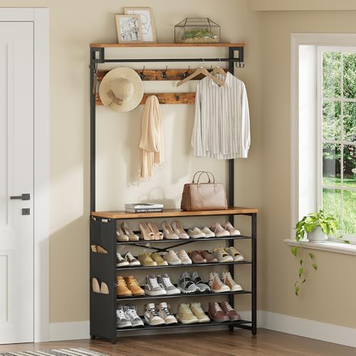 HOOBRO Hall Tree with Bench, Entryway Coat Rack with Shoe Rack, 39.4" Shoe and Coat Rack, 5 Tier Shoe Storage Organizer with Oxford Fabric Side Pockets, Adjustable Mesh Shelves, Rustic Brown BF76MT01 - Image 3