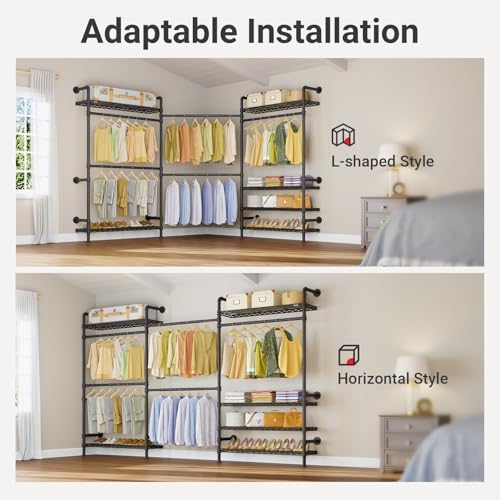 Timate F3 Plus Wall Mounted Clothes Rack Industrial Pipe Clothing Rack for Hanging Clothes, Heavy Duty Clothes Rack with Shelves, Expandable Garment Rack Wall Closet System, Black Pipe Closet Kit - Image 2