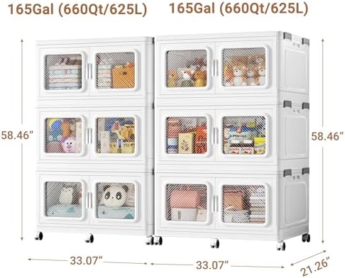 BROVIEW 330Gal Storage Bins, 1320Qt Extra Large Stackable Storage Box with Lids & Wheels - Heavy Duty Collapsible Plastic Cabinets, Open Front Door for Sundries in Home & Office, White 6 Pack - Image 2