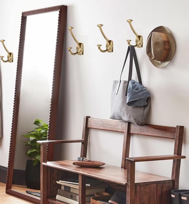 Brushed Brass Hooks Large Wall Mounted Decorative Solid Heavy-Duty Double-Sided Coat Hooks Triple Coat Hook Towels Coats Robes Towels Bag Bathroom Three Prong Coat Hook (10 Pack) - Image 4