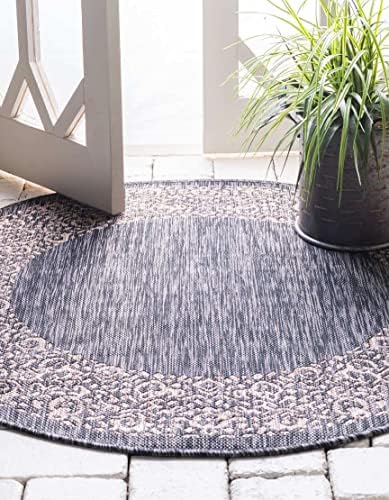 Unique Loom Outdoor Border Collection Area Rug - Floral Border (10' 8" Round, Charcoal Gray/ Beige) - Image 4