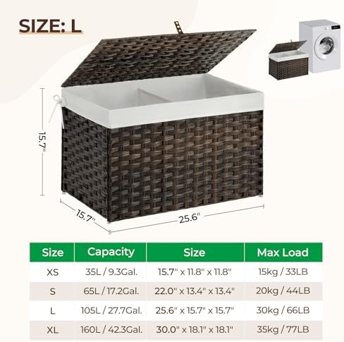GREENSTELL Storage Basket with Lid, 27.7 Gallon(105L) Lagre Wicker Blanket Storage Basket with Handles, Foldable, 2 Removable Liner Bags, Metal Frame, for Bedroom, Laundry Room, Brown - Image 6