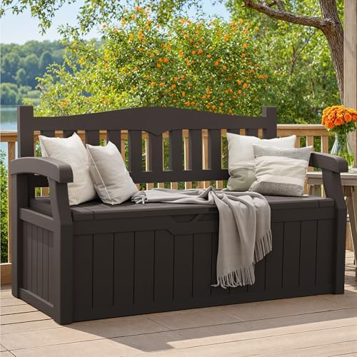 Greesum 80 Gallon Storage Bench Outdoor Deck Box with Armrest, Brown - Image 2