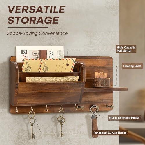 Rebee Vision Pine Wood Key Holder Wall Mount with Mail Sorter, Light Brown - Image 6