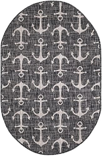 Unique Loom Outdoor Coastal Collection Area Rug - Ahoy (3' 3" x 5' 3" Oval, Charcoal/ Ivory) - Image 3