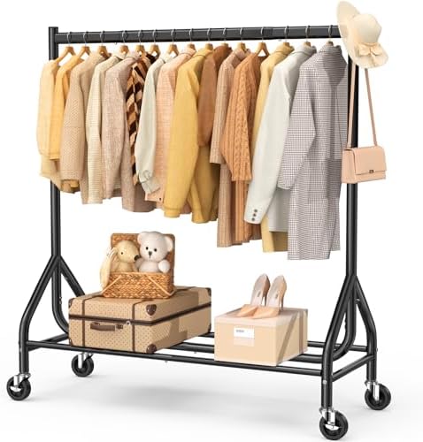 EAGMAK Heavy Duty Clothes Rack Load 420 LBS, 47.2" Long Rolling Garment Rack with Lockable Wheels, Standing Metal Clothing Hanger, Portable Wardrobe Sturdy Coat Organizer for Hanging Clothes (Black) by EAGMAK