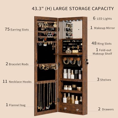 6 LEDs Mirror Jewelry Cabinet, Over the Door Jewelry Organizer with Full Length Mirror, Wall Mounted or Door Hanging Jewelry Box with Storage - Image 5