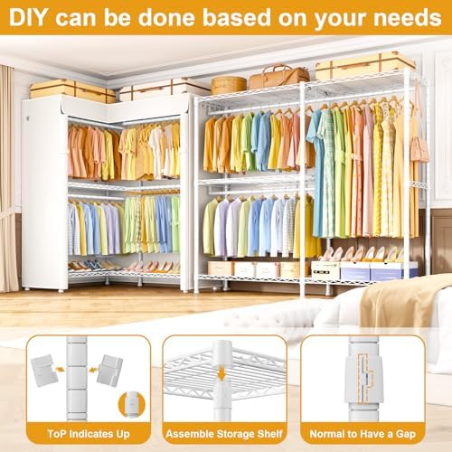 ULIFHOME E15C Garment Rack L Shaped Clothes Rack for Corner，Freestanding Clothing Racks for Hanging Clothes，Heavy Duty Closet Organizer 43.4"W x 15.8"D x 78.4"H，White Rack with White Dustproof Cover - Image 6