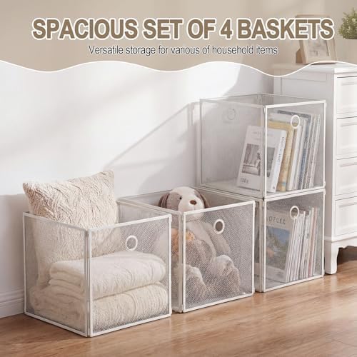 4 Pcs Foldable Metal Cube Storage Baskets, 13x13in, White - Image 4