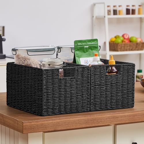 Vagusicc Wicker Storage Basket, Set of 2 Hand-Woven Paper Rope Wicker Basket, Small Storage Baskets for Organizing Toilet Paper Baskets, Foldable Large Cube Storage Organizer Bin for Shelves (Black) - Image 6