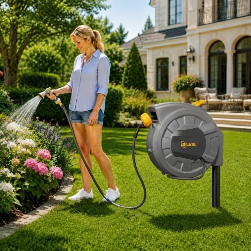 SILVEL Automatic Retractable Garden Hose Reel on Metal Spike, 1/2 in x 90FT Ground Mounted Outside, UV Resistant with 10 Pattern Nozzle, 360° Swivel, No Holes in Your House, Easy Installation, Yellow - Image 2