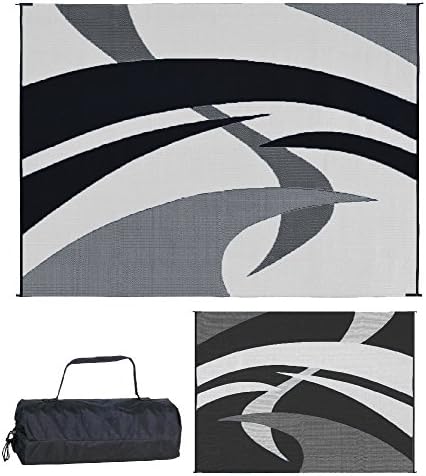 Stylish Camping Outdoor Patio / RV Camping Mat - Swirl (Black/White, 9-Feet x 12-Feet) by StylishCamping