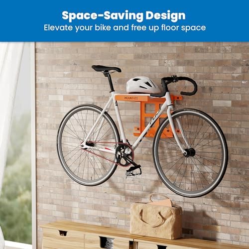 Mount-It! Bike Wall Mount Rack with Shelf and Hooks, Horizontal Indoor Bike Rack Garage Home, Space Saving Wall Mounted Hanger for a single Road, Mountain or other Bicycle with Extra Storage, Orange - Image 2