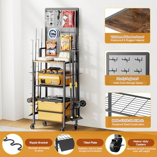 Olakee Fishing Rod Holders, Rolling Fishing Rod Rack for Garage & Boat, Tackle Box & Reel Holder Cart, Easy Assembly Fishing Gear Management System, Ideal Birthday Gift for Men Dad Anglers - Image 4