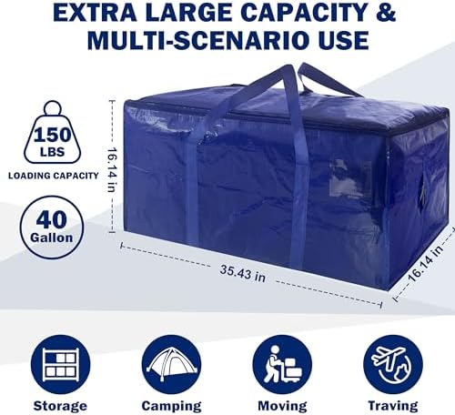 12 Pack Extra Heavy Duty Large Moving Bags with Strong Zipper & Carrying Handles, Sturdy Clothes Storage Bag Totes Bins, Packing Bags Moving Boxes College Moving Supplies, Dark Blue - 40 gal - Image 2