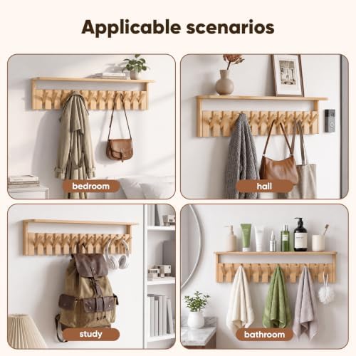 Wall Mounted Coat Rack with Shelf, 12 Flip-Down Hooks, Natural - Image 4