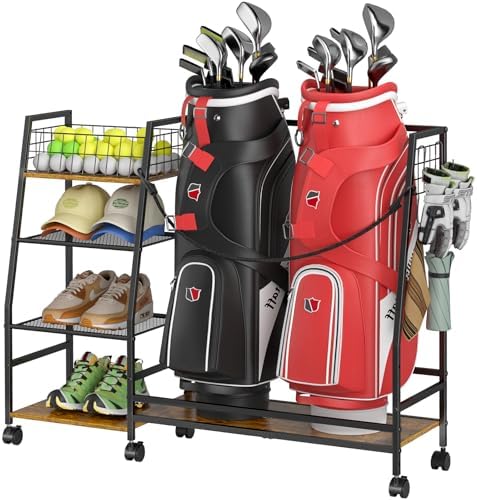 DAOUTIME Golf Bag Storage Rack for Garage with Wheels, Organizer for Golf Bag and Equipment Accessories, Golf Organizer Stand Ideal for Home, Garage, Club, Shed, Basement - Sturdy and Durable (Black) by DAOUTIME