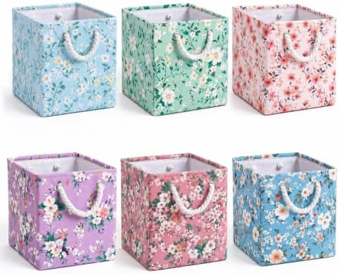 6 Pack Boho Floral Storage Bins 6 Pack, 11 Inch Cube Fabric Storage Baskets by Geiserailie