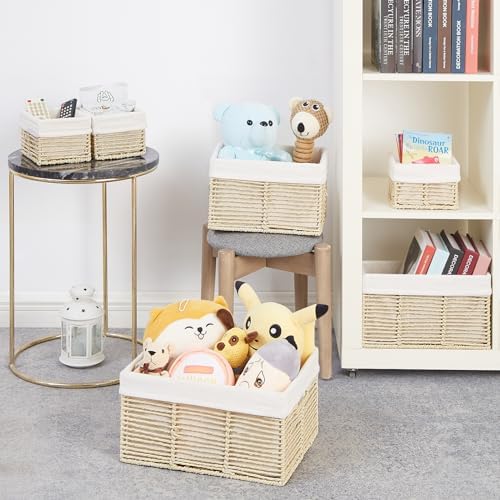 Vagusicc Wicker Storage Baskets, 6 Pack Baskets for Organizing, Wicker Basket with Handle, Rectangular Basket for Storage Shelves, Cube Storage Bins for Closet/Clothes/Dresser, Beige - Image 4
