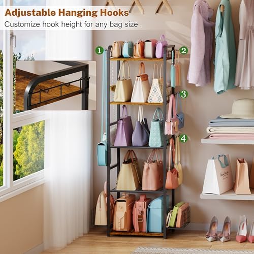 Tall 5-Tier Purse Organizer for Closet, Purse Rack Stand for Purse Storage, Metal & Wood Handbag Organizer with 4 Side Hooks and 2 Baskets, Space-Saving Narrow Purse Shelf for Small Space, Bedroom - Image 5