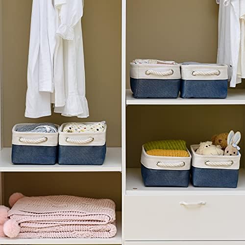 Storage Basket for Organizing - 12x8x5.2 inch Small 6 Pack Fabric Storage Bin Collapsible Baskets for Shelves with Rope, Storage Box for Cloth Decorative Laundry Canvas(White & Blue) - Image 5