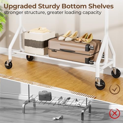 HYSEYY Heavy Duty Clothes Rack Load 450 LBS, Metal Garment Rack, Standing Rolling Clothing Rack for Hanging Clothes with Sturdy Wheels & Shelves, Portable Closet Wardrobe Rack,White - Image 4