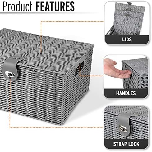 ARPAN Set of 3 Resin Woven Utility Storage Basket Box With Lid & Lock (Grey) - Image 3