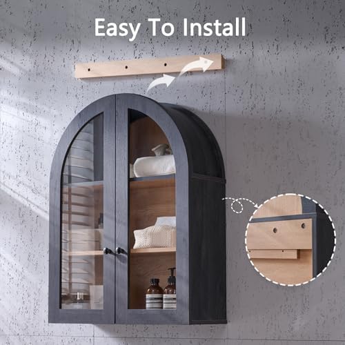 Bathroom Arched Wall Cabinet, 23.5'' Wide Medicine Cabinet, Wall Mount with Glass Doors & Adjustable Shelves, Over the Toilet Storage Cabinet for Laundry Room, Bedroom, Kitchen, Grey Black - Image 6